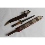 A SMALL CUTLASS MARKED 'MILITARY SUPPLY SYNDICATE', a bayonet and a machete type short sword (3)