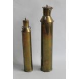 TWO UNUSUAL BRASS BOTTLES / FLASKS, made from lead soldered sheet brass, with cork stoppers,