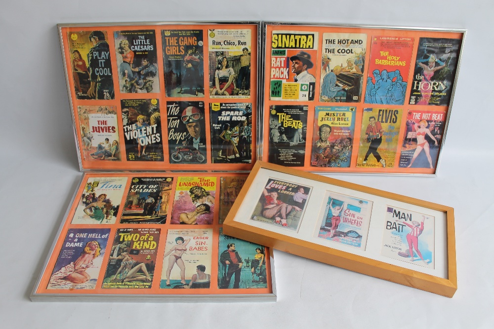 THREE FRAMED SETS OF REPRODUCTION PULP PAPERBACK COVERS together with another, frame size 42 x 52 cm
