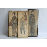 THREE FRAMED ORIENTAL SILK PICTURES, depicting standing figures, frame sizes 34.5 x 89 cm A/F