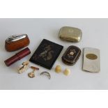 A SMALL BOX OF COLLECTABLES, to include a coin purse, lighters, cigarette case etc