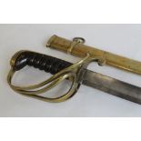 AN 1821 PATTERN CAVALRY SWORD, brass three bar hilt marked WYC 8, brass scabbard marked WYC 18 (