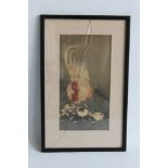 A FRAMED JAPANESE PICTURE OF A COCKEREL WATCHING TWO CHICKS WITH A BUTTERFLY, 45 x 28.5 cm including