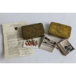 TWO WWI 1914 PRINCESS MARY GIFT TINS, with a small quantity of cigarette cards and ephemera