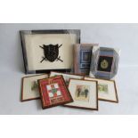 A QUANTITY OF MILITARY RELATED PICTURES, to include framed British badges and comical prints, etc