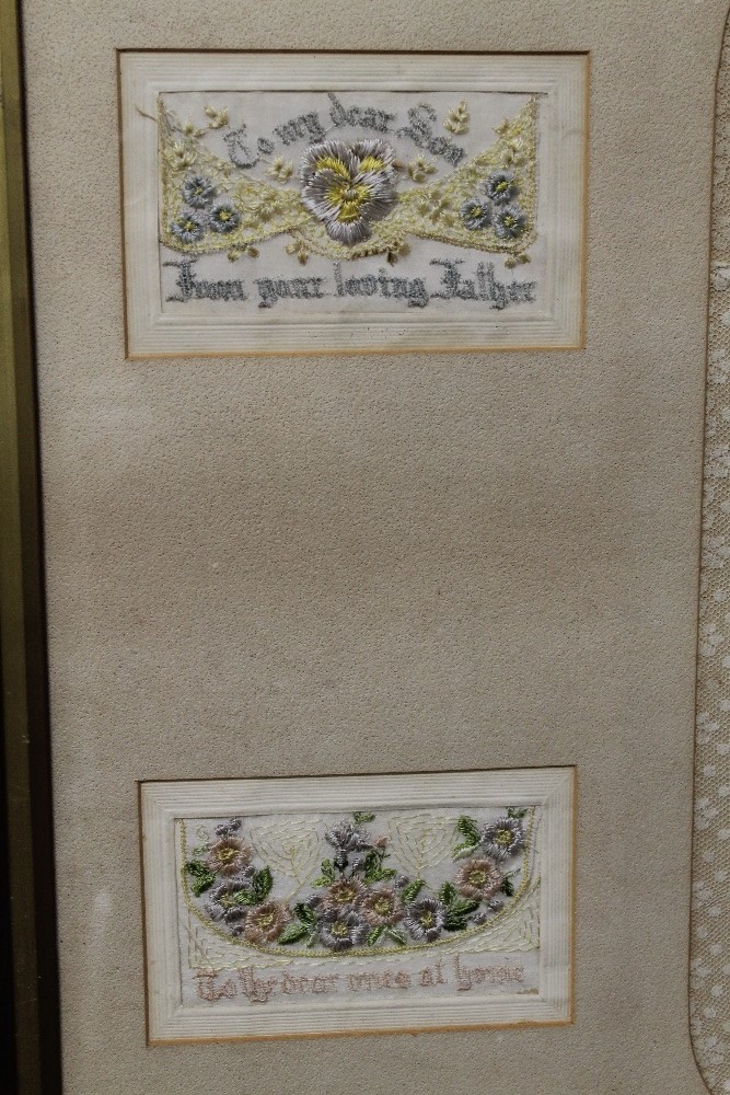 A WWI INTEREST FRAMED SILK HANDKERCHIEF SOUVENIR OF ARRAS, dated 1915, with silk postcards, frame 89 - Image 3 of 4