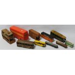 A COLLECTION OF TIN PLATE COACHES AND BUSES, to include Burnett, Joustra, Betal etc together with