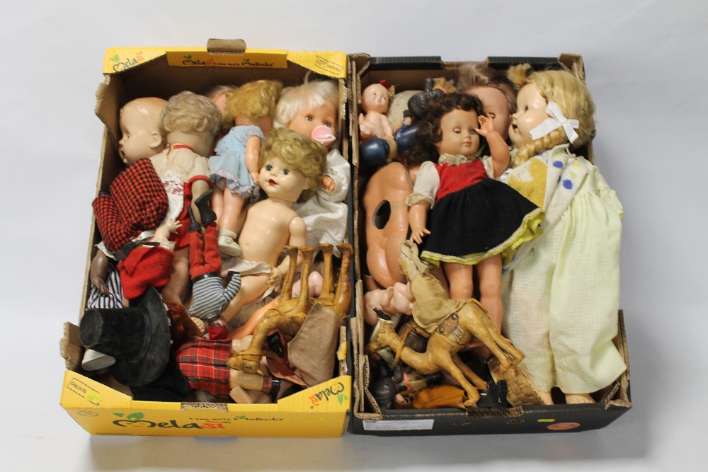 TWO BOXES OF HARD PLASTIC AND OTHER DOLLS, to include Pedigree, Rosebud, Chiltern etc