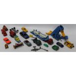 A COLLECTION OF PLAYWORN DIECAST AND OTHER VEHICLES, to include Dinky, Corgi, Matchbox, and Brimtoy