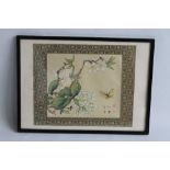 AN ORIENTAL PAINTING ON SILK OF FLOWERS AND A BUTTERFLY, 37 x 27 cm including frame