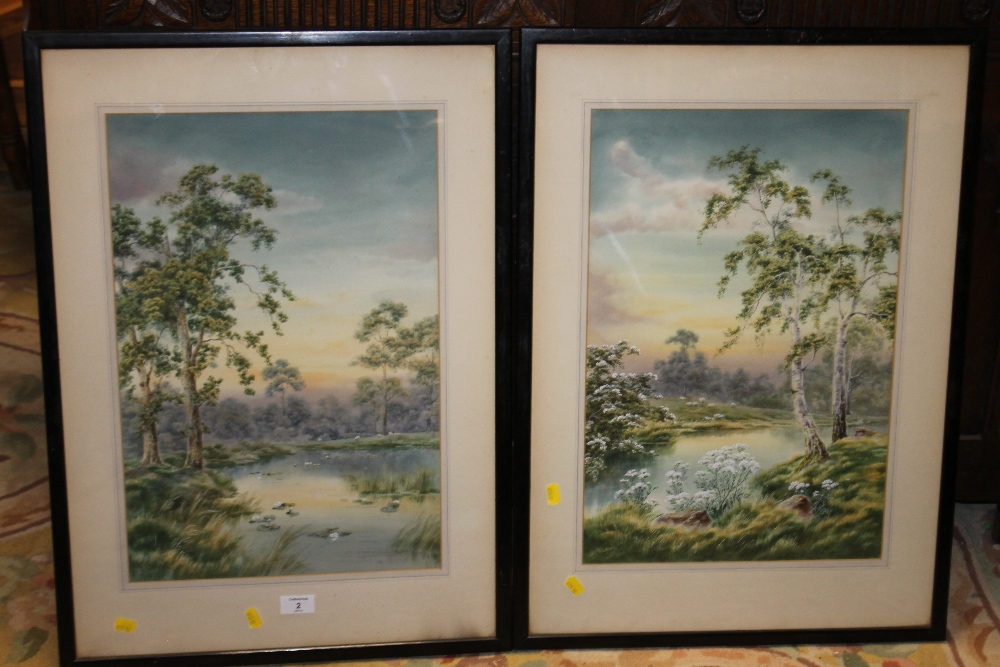 A WATERCOLOUR AND BODYCOLOUR PAIR OF RIVER SCENES WITH SHEEP GRAZING SIGNED LOWER LEFT A.BIRBECK