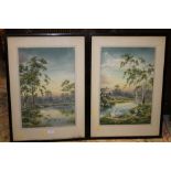 A WATERCOLOUR AND BODYCOLOUR PAIR OF RIVER SCENES WITH SHEEP GRAZING SIGNED LOWER LEFT A.BIRBECK