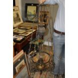 A VINTAGE COPPER HANGING OIL BURNING CEILING LIGHT WITH VASE AND FLOWER DETAIL