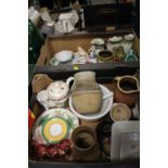 TWO TRAYS OF CERAMICS AND STONEWARE TO INCLUDE WEDGWOOD CLARICE CLIFF SAUCERS