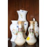 A PAIR OF SHELLEY CERAMIC VASES TOGETHER WITH THREE ITEMS OF AYNSLEY COTTAGE GARDEN