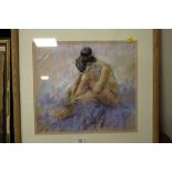 A MODERN FRAMED AND GLAZED PASTEL STUDY OF A SEATED NUDE SIGNED JAY CLEPHE