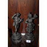 A PAIR OF CAST SPELTER TYPE FIGURES OF A LADY WITH A FAN AND GENTLEMAN BARD (2)