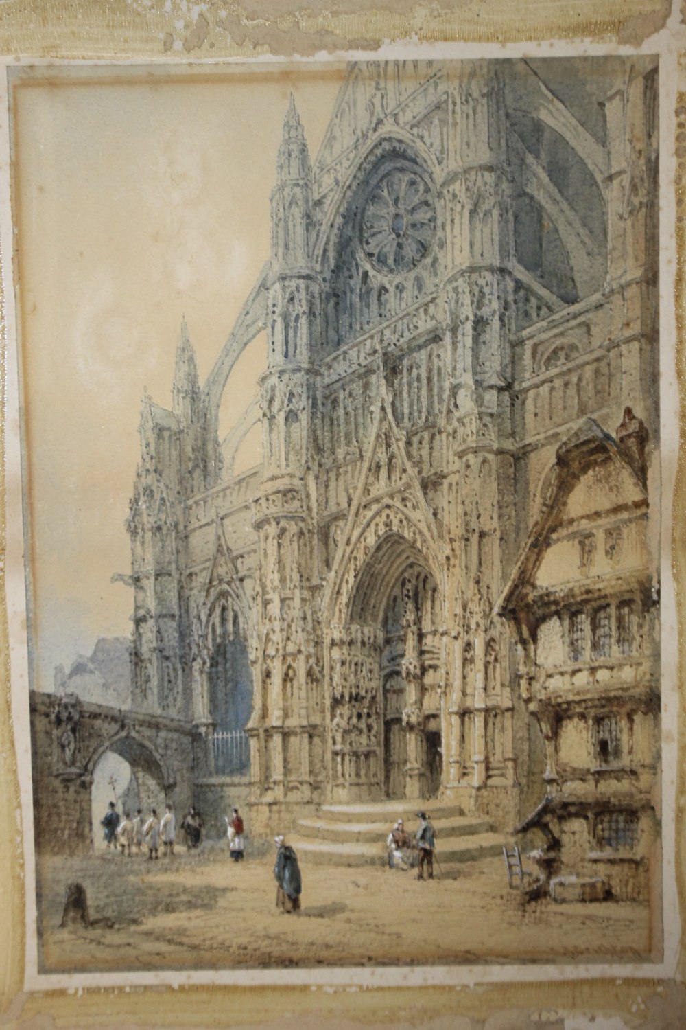 AN UNFRAMED 19TH CENTURY WATERCOLOUR DEPICTING BEAUVAIS CATHEDRAL INDISTINCTLY SIGNED LOWER RIGHT