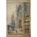 AN UNFRAMED 19TH CENTURY WATERCOLOUR DEPICTING BEAUVAIS CATHEDRAL INDISTINCTLY SIGNED LOWER RIGHT