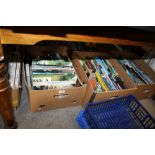 FOUR TRAYS OF ASSORTED BOOKS TO INCLUDE COLLECTORS GUIDES, FISHING INTEREST ETC