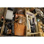 A QUANTITY OF VINTAGE BINOCULARS, CAMERAS ETC