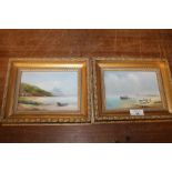 A PAIR OF SMALL GILT FRAMED COASTAL SCENE OIL ON BOARD SIGN RICHARD RHEAD SIM