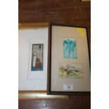 A TWO IN ONE FRAMED MIXED MEDIA ABSTRACT OF FIGURES AND BUILDINGS TOGETHER WITH A MODERN PRINT