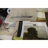 AN UNFRAMED PENCIL SKETCH OF A SHIP AND A FOLIO OF WATERCOLOURS, PRINTS ETC