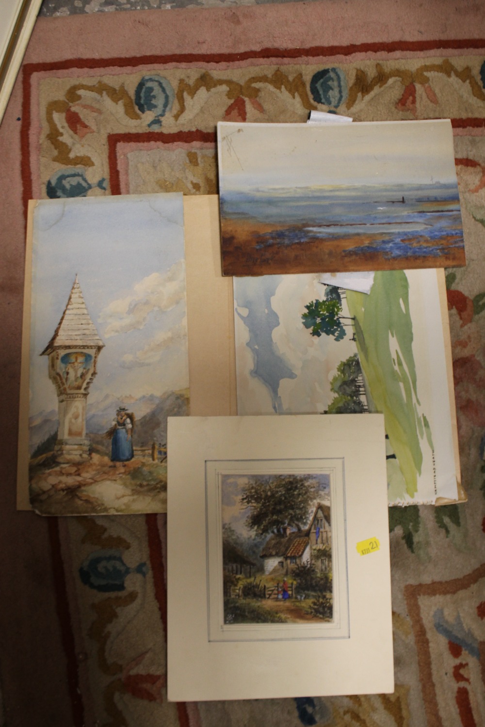 A SMALL QUANTITY OF UNFRAMED WATERCOLOURS ETC. TO INCLUDE A RUSTIC COTTAGE SCENE, LANDSCAPES ETC.