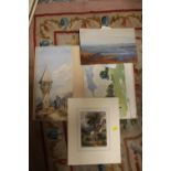 A SMALL QUANTITY OF UNFRAMED WATERCOLOURS ETC. TO INCLUDE A RUSTIC COTTAGE SCENE, LANDSCAPES ETC.