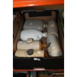 A TRAY OF VINTAGE STONEWARE HOT WATER BOTTLES ETC. TO INCLUDE A DOULTON EXAMPLE