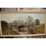 A LARGE FRAMED OIL ON CANVAS DEPICTING A CANAL SCENE ENTITLED 'QUIET AFTERNOON'