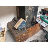 TWO CARPENTERS TOOL BOXES, METAL TRUNK, VICE, CASE TO INCLUDE RULERS ETC