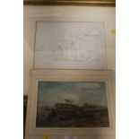 A FRAMED AND GLAZED PENCIL DRAWING DEPICTING A FARMYARD SCENE WITH CATTLE TOGETHER WITH AN