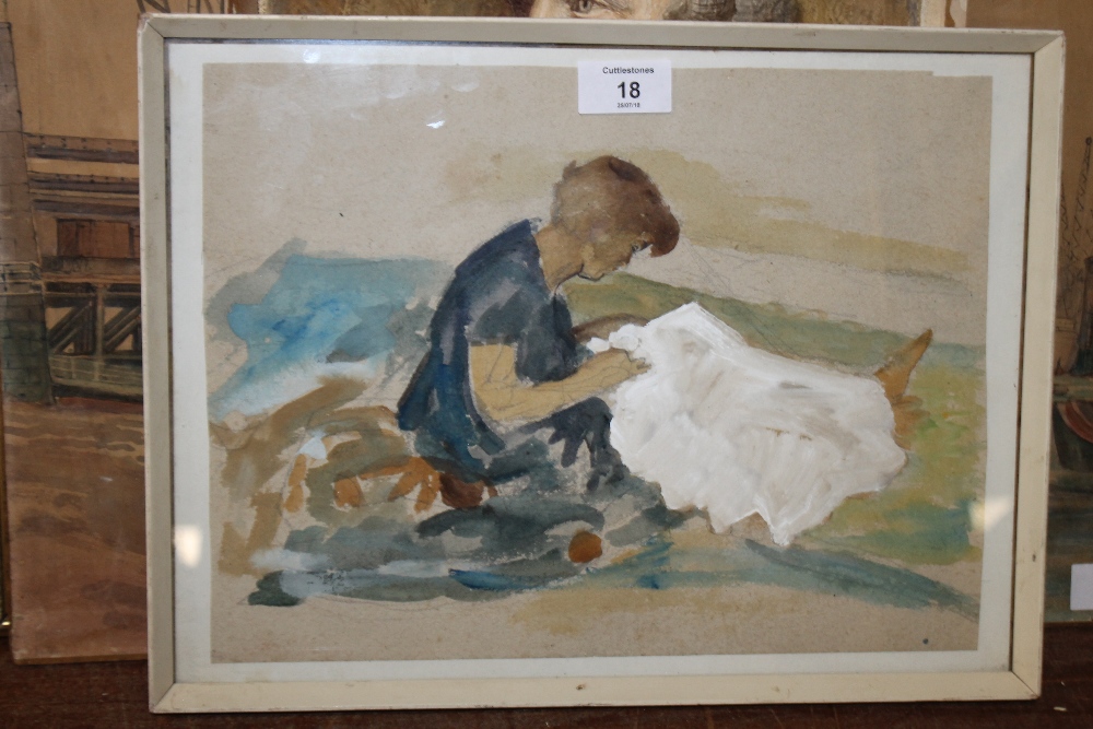 A FRAMED AND GLAZED WATERCOLOUR DEPICTING A GIRL SEWING SIGNED V BELL VERSO