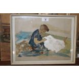 A FRAMED AND GLAZED WATERCOLOUR DEPICTING A GIRL SEWING SIGNED V BELL VERSO