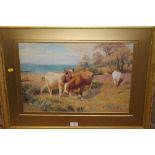 AN UNSIGNED FRAMED WATERCOLOUR DEPICTING CATTLE IN A COUNTRY SETTING
