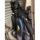 A POWERKADDY GOLF CADDY BAG PLUS A COUGAR CADDY BAG WITH A QUANTITY OF CLUBS TO INCLUDE STROKE