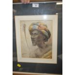 AN INDISTINCTLY SIGN FRAMED AND GLAZED WATERCOLOUR PORTRAIT OF A NORTH AFRICAN GENTLEMAN