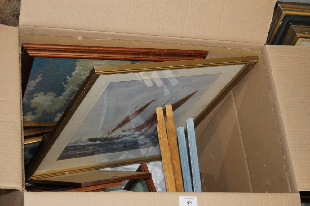 A LARGE BOX OF ASSORTED PICTURES AND PRINTS TO INCLUDE A WATERCOLOUR OF A SAIL YACHT