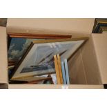 A LARGE BOX OF ASSORTED PICTURES AND PRINTS TO INCLUDE A WATERCOLOUR OF A SAIL YACHT