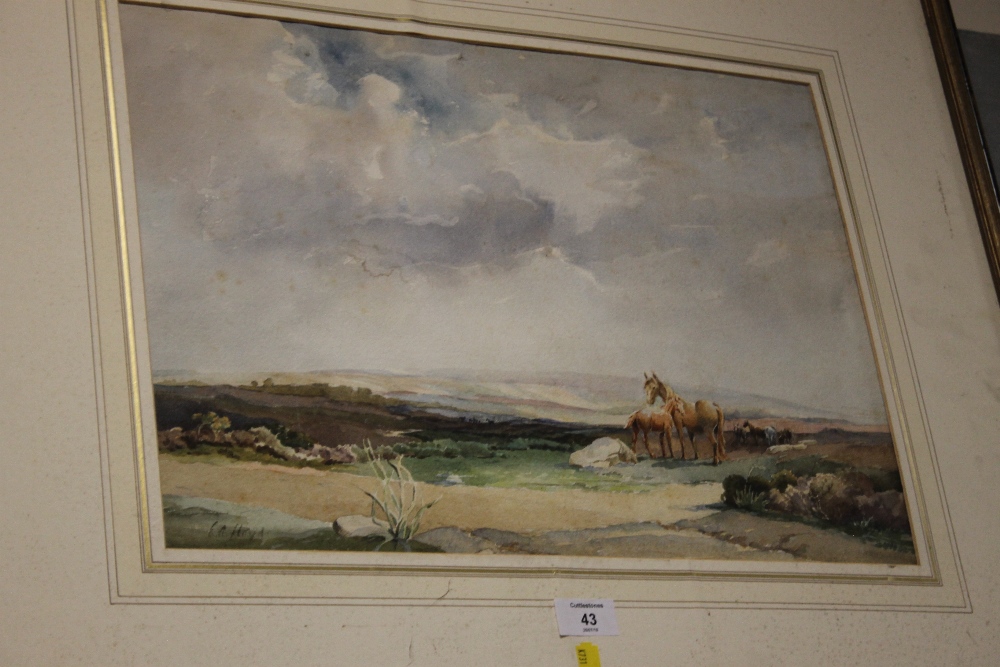 A FRAMED WATERCOLOUR OF DARTMOOR PONIES SIGNED A.E.LLOYD