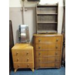 A UTILITY STYLE DRESSING TABLE BOOKCASE AND OAK CHEST (3)