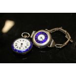 A LADIES VINTAGE SILVER AND ENAMEL WRISTWATCH TOGETHER WITH A SILVER AND ENAMEL FOB WATCH
