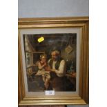 AN INDISTINCTLY SIGNED 19TH CENTURY OIL ON CANVAS DEPICTING A CHILD SAT ON AN ELDERLY GENTLEMANS LAP