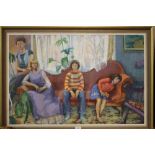 A MODERN FRAMED OIL ON BOARD OF A FAMILY UPON THE SOFA