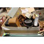 A BOX OF VINTAGE CAMERAS AND ACCESSORIES ETC.