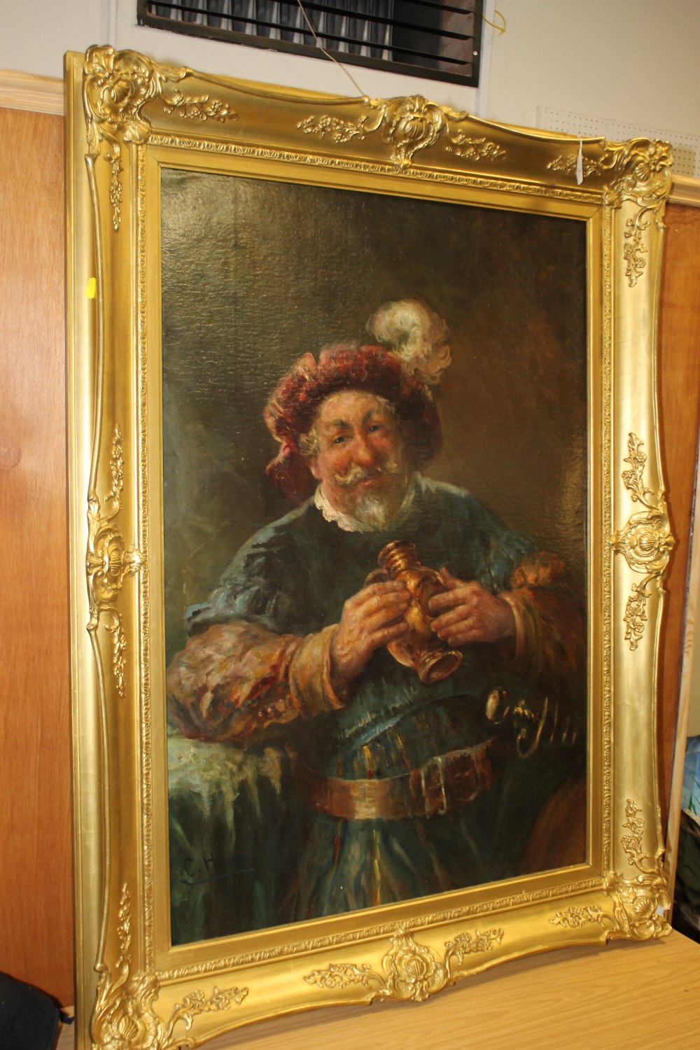 C HUBER (XX). 'Falstaff', signed lower left, oil on board, gilt framed, 98 x 68 cm