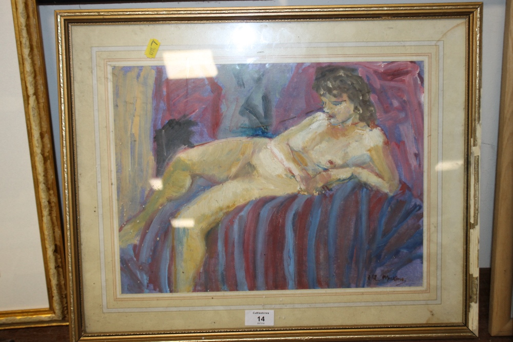 A FRAMED AND GLAZED OIL ON PAPER DEPICTING A RECLINING FEMALE NUDE BY MARIA-LUISA MEAKINS