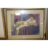 A FRAMED AND GLAZED OIL ON PAPER DEPICTING A RECLINING FEMALE NUDE BY MARIA-LUISA MEAKINS